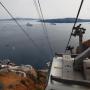 Cable car bring tourists up to the cliff houses of the island of Santorini just north of Crete.